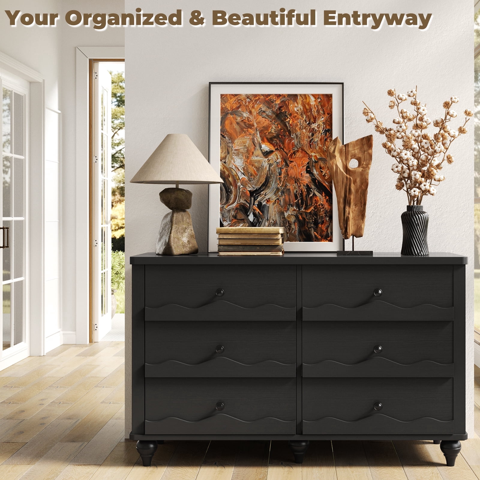 Homieasy 6-Drawer Dresser for Bedroom - 43" Modern Chest of Drawers with Scalloped Front, Storage Organizer for Living Room, Hallway & Entryway,Black