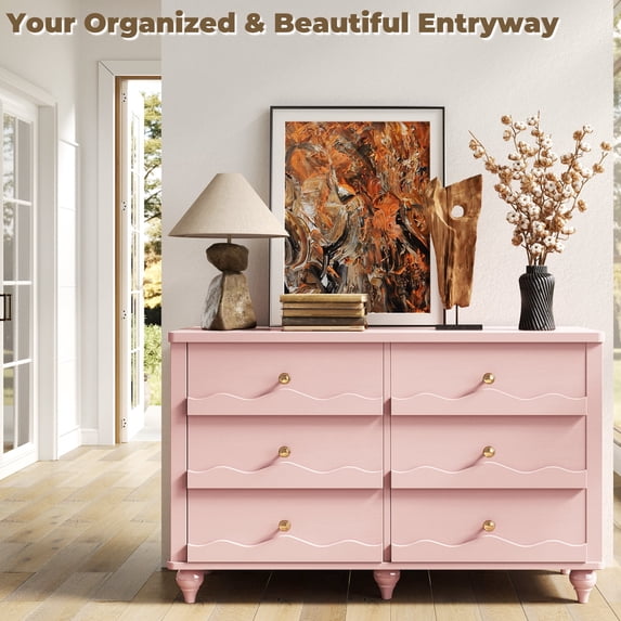 Homieasy 6-Drawer Dresser for Bedroom - 43" Modern Chest of Drawers with Scalloped Front, Storage Organizer for Living Room, Hallway & Entryway,Pink