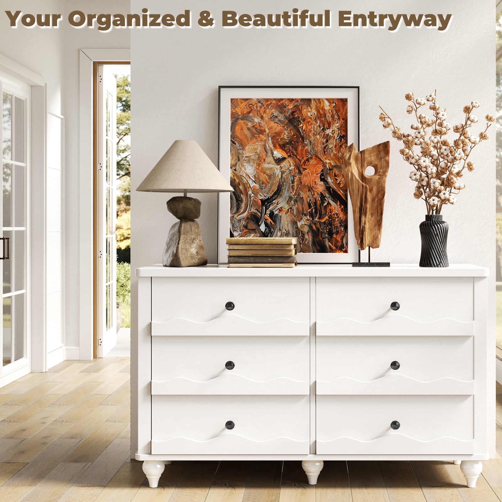 Homieasy 6-Drawer Dresser for Bedroom - 43" Modern Chest of Drawers with Scalloped Front, Storage Organizer for Living Room, Hallway & Entryway,White