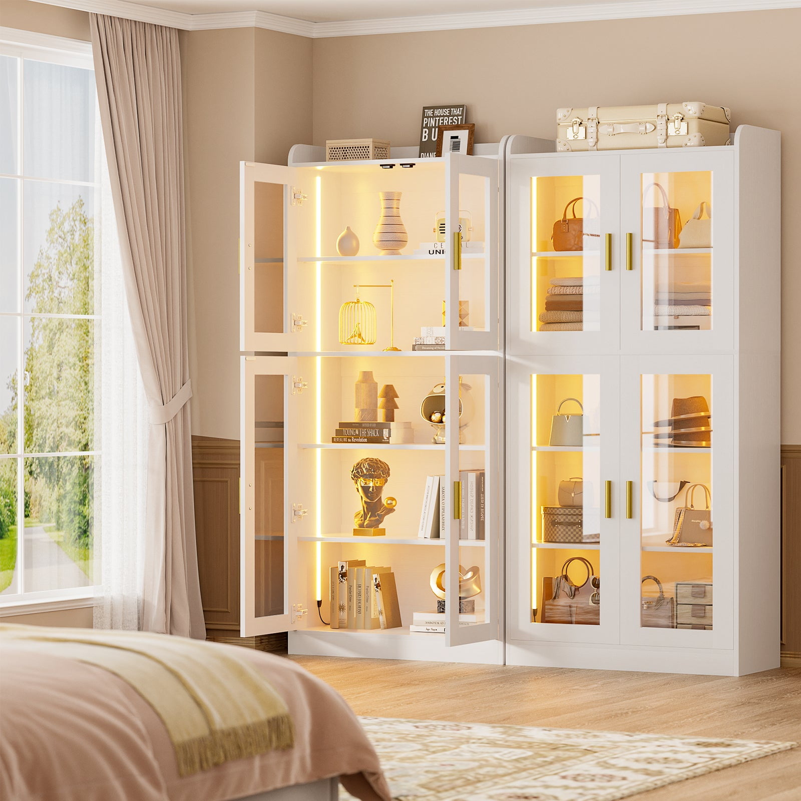 Homieasy 6-Shelf Bookcase with 4 Glass Doors, 67.4 inch Tall Bookcase with RGB LED Lights, for Living Room, Bedroom, Dorm Room, Black