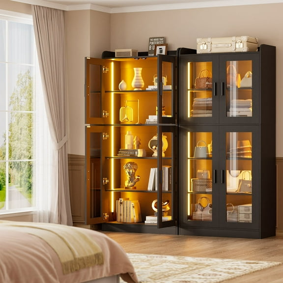 Homieasy 6-Shelf Bookcase with 4 Glass Doors, 67.4 inch Tall Bookcase with RGB LED Lights, for Living Room, Bedroom, Dorm Room, Black