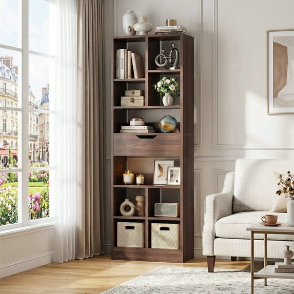 Homieasy 73.6''Tall 10-Cube Bookcase with Drawer and Adjustable Shelves, Wooden Bookshelf for Living Room, Walnut