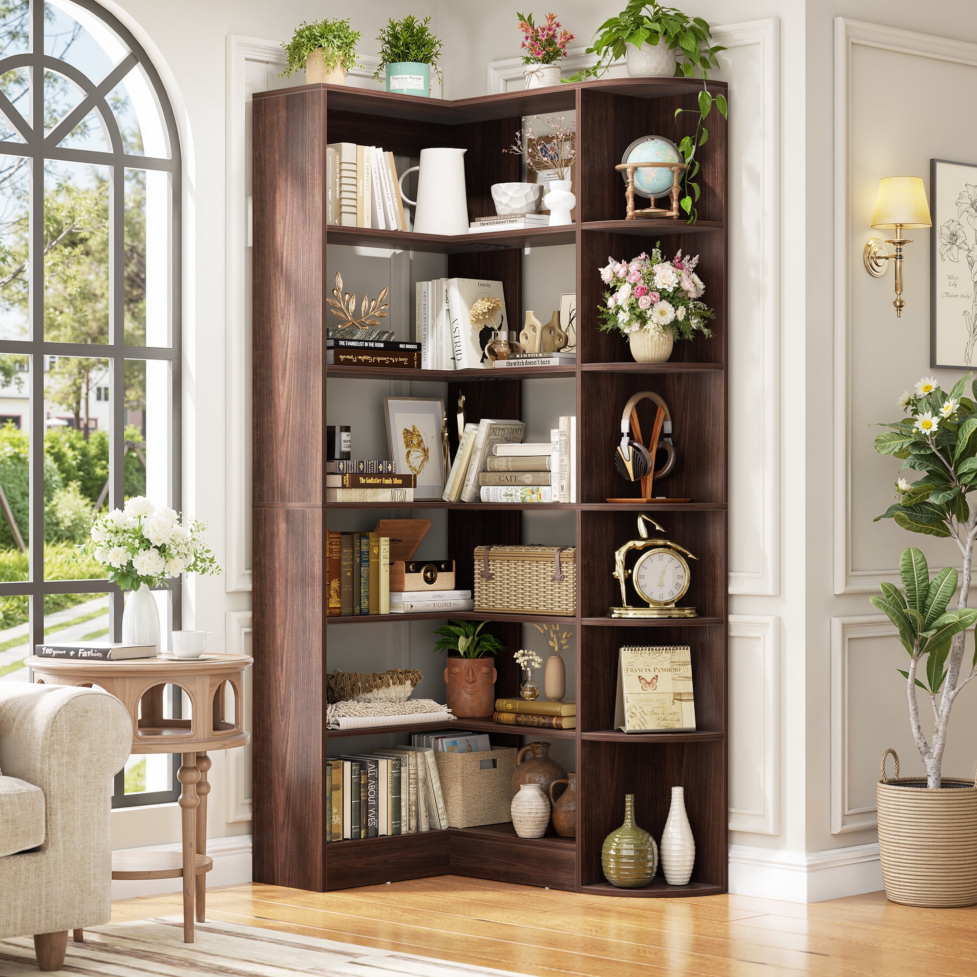 Homieasy 6-Tier Corner Bookshelf, 79'' Tall Modern L Shaped Bookcase with 13 Open Storage Shelves, Corner Storage Shelf for Home Office, Living Room, Bedroom, Black Walnut