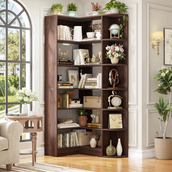 Homieasy 6-Tier Corner Bookshelf, 79'' Tall Modern L Shaped Bookcase with 13 Open Storage Shelves, Corner Storage Shelf for Home Office, Living Room, Bedroom, Black Walnut