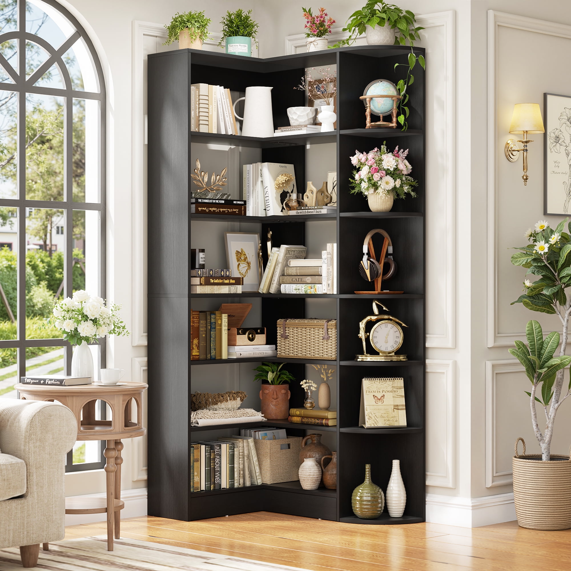 Homieasy 6-Tier Corner Bookshelf, 79'' Tall Modern L Shaped Bookcase with 13 Open Storage Shelves, Corner Storage Shelf for Home Office, Living Room, Bedroom, Black