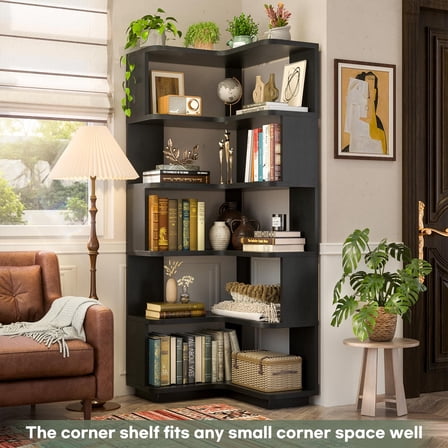 Homieasy 6-Tier Corner Bookshelf - L-Shaped Etagere Shelf with Baffles, Freestanding Storage for Living Room, Office, Bedroom,Black