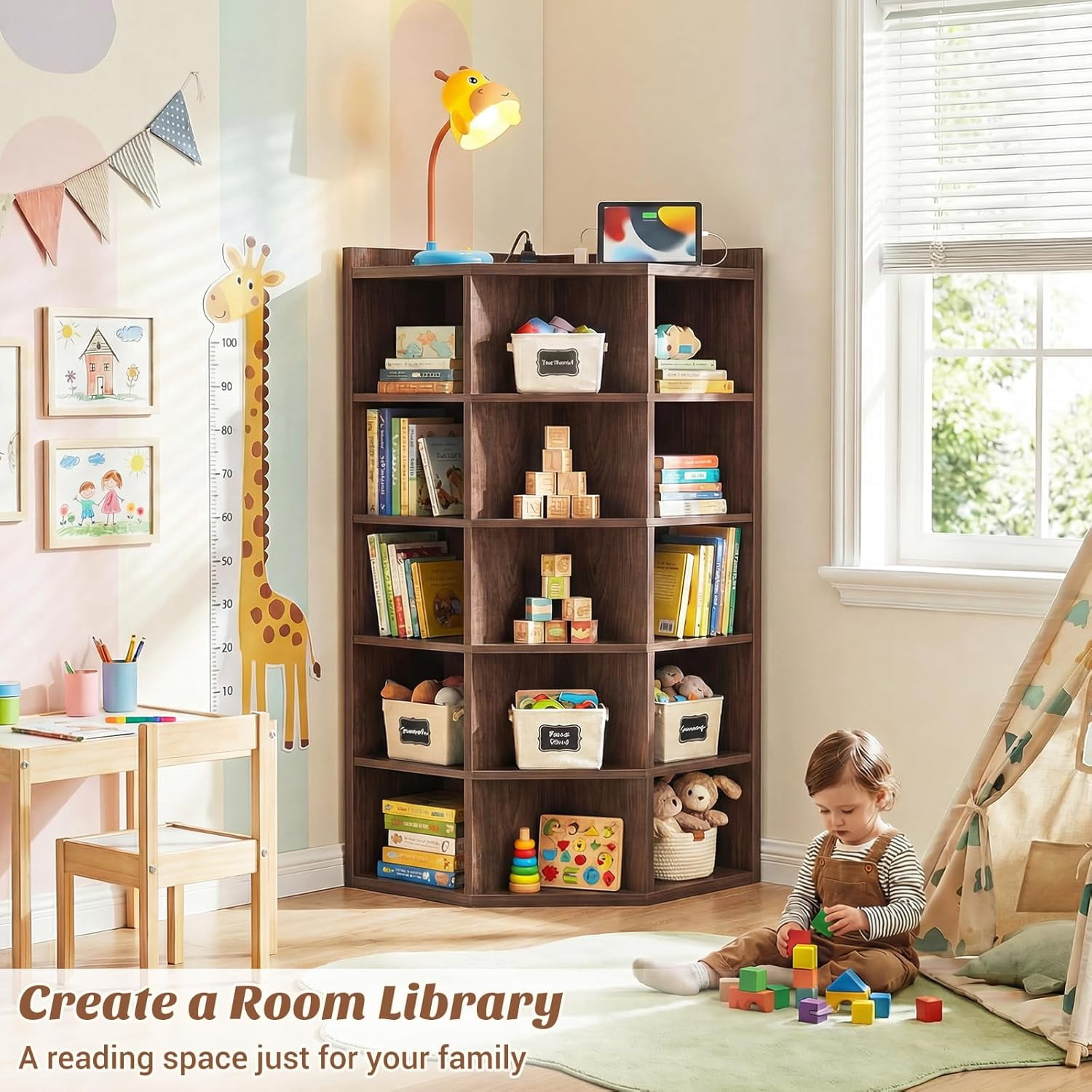Homieasy 6-Tier Corner Cabinet with Power Outlets & 15 Cubes - Wooden L-Shaped Bookshelf, Toy Storage for Home Office, Bedroom, Living Room,Black Walnut