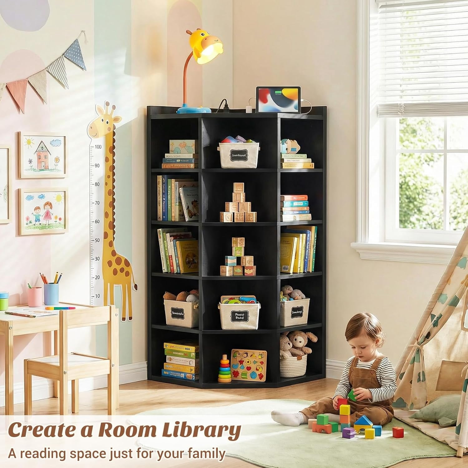 Homieasy 6-Tier Corner Cabinet with Power Outlets & 15 Cubes - Wooden L-Shaped Bookshelf, Toy Storage for Home Office, Bedroom, Living Room,Black