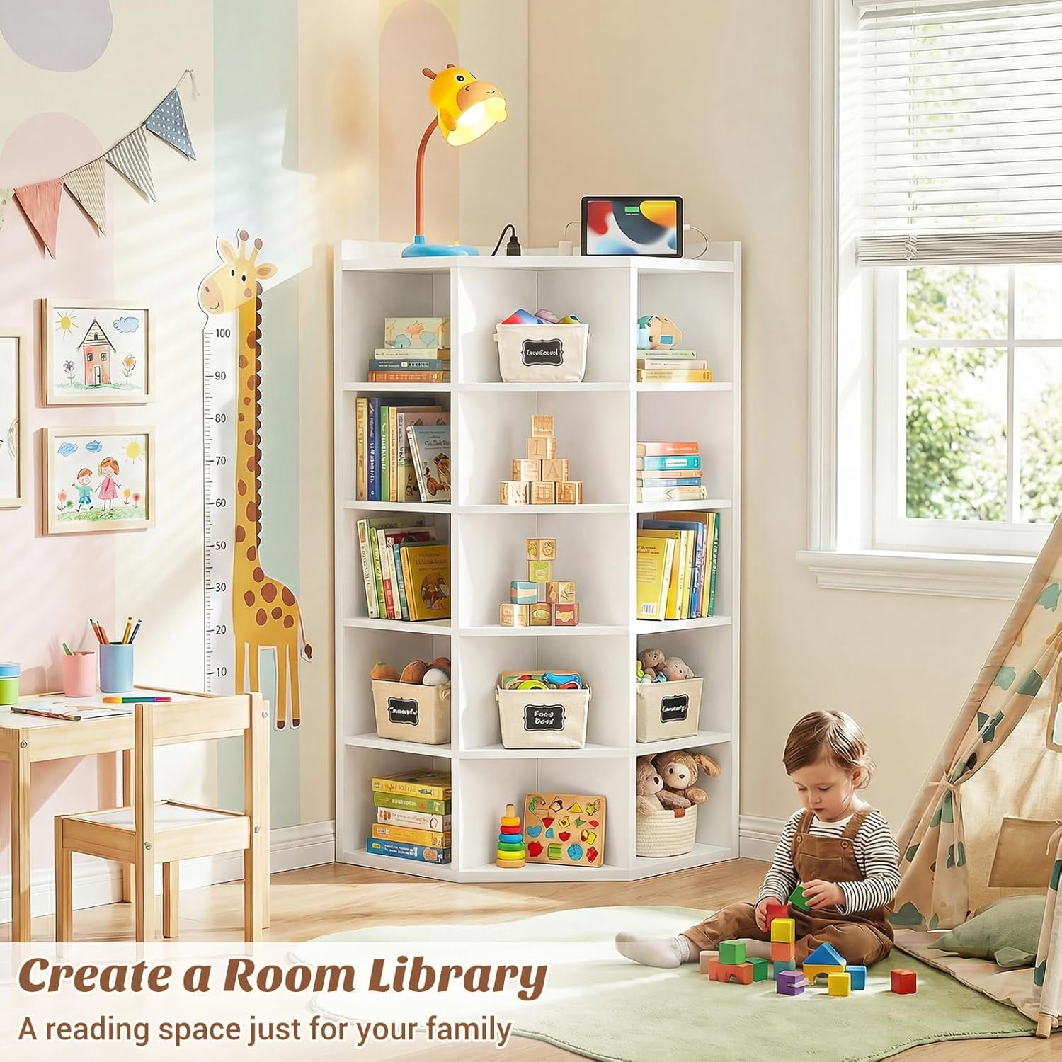 Homieasy 6-Tier Corner Cabinet with Power Outlets & 15 Cubes - Wooden L-Shaped Bookshelf, Toy Storage for Home Office, Bedroom, Living Room,White