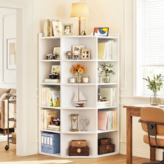 Homieasy 6-Tier Corner Cabinet with Power Outlets & 15 Cubes - Wooden L-Shaped Bookshelf, Toy Storage for Home Office, Bedroom, Living Room,White