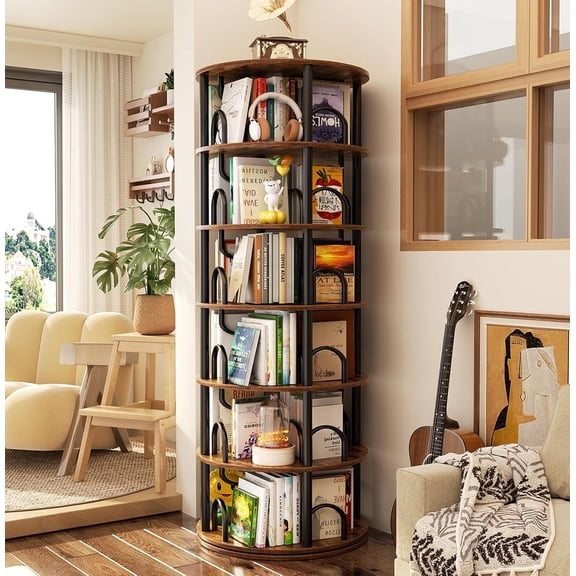 Homieasy 6 Tier Rotating Bookshelf Tower, Rustic Brown