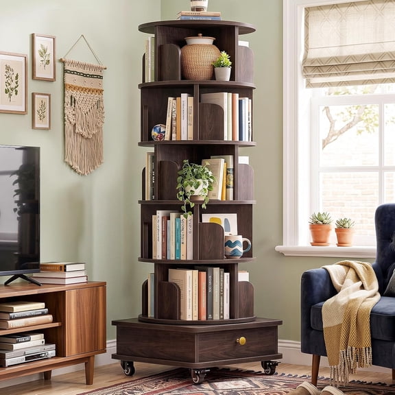 Homieasy 6-Tier Rotating Bookshelf with Lockable Wheels & Hidden Drawer, 360° Revolving Book Tower for Small Spaces, Bedroom, Living Room,Walnut