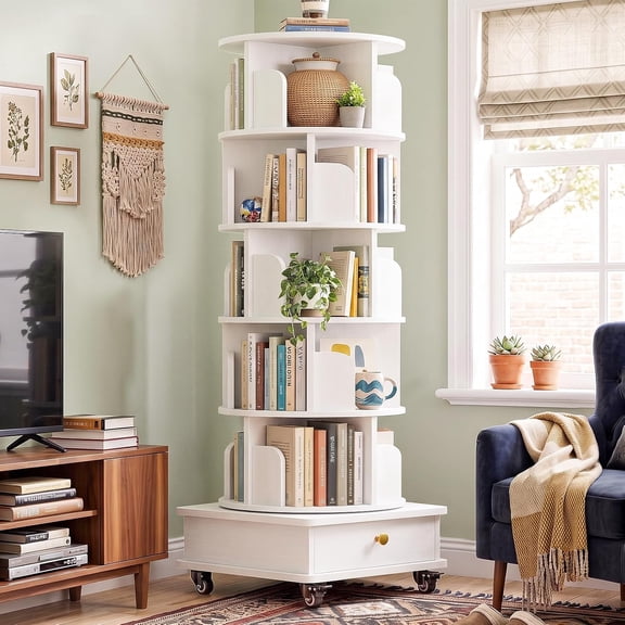 Homieasy 6-Tier Rotating Bookshelf with Lockable Wheels & Hidden Drawer, 360° Revolving Book Tower for Small Spaces, Bedroom, Living Room,White