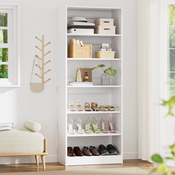 Homieasy 6-Tier Shoe Rack Tower, 80'' Floor Standing Wooden Shoe Organizer, with Adjustable Angle Shelves and Anti-slip Design, for Closet/Hallway/Entrance, White