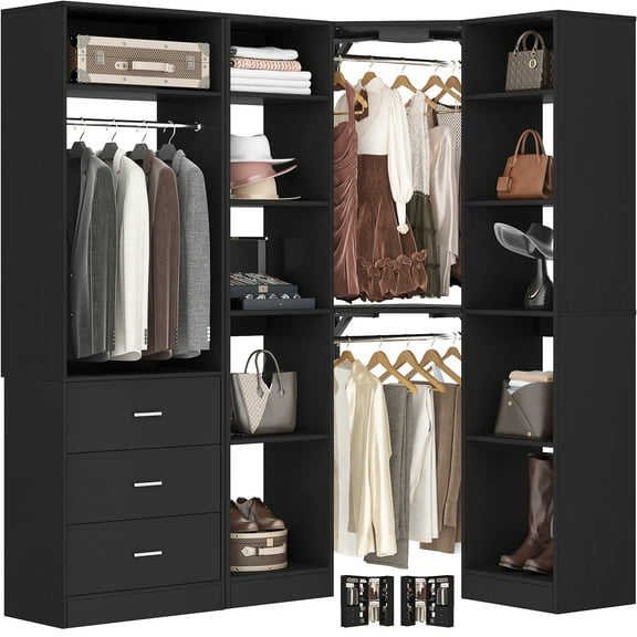 Homieasy 63.2" L X 39.2" W X 80" H Corner Closet System,Freestanding Closet Organizer System With 2 Drawers & 12 Shelves,Sturdy Walk in Closet Kit,for Bedroom, Entryway, Mudroom, Modern,Black