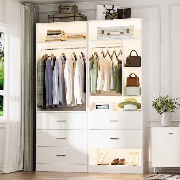 Homieasy 48" Walk-in Closet System - Heavy Duty Closet Organizer with 5 Wood Drawers, 2 Hanging Rods & 7 Shelves (48"L x 15"W x 80"H) for Bedroom, Entryway, Modern,White