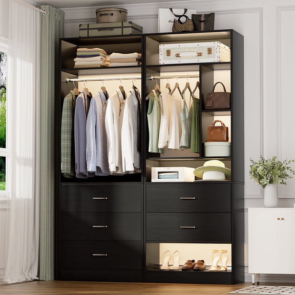 Homieasy 48" Walk-in Closet System - Heavy Duty Closet Organizer with 5 Wood Drawers, 2 Hanging Rods & 7 Shelves (48"L x 15"W x 80"H) for Bedroom, Entryway, Modern,Black