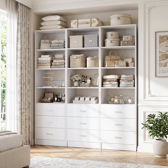Homieasy 63.9 Inch Wide Closet Storage System, with 9 Wooden Drawers and 12 Open Shelves, 3 Piece Set, White
