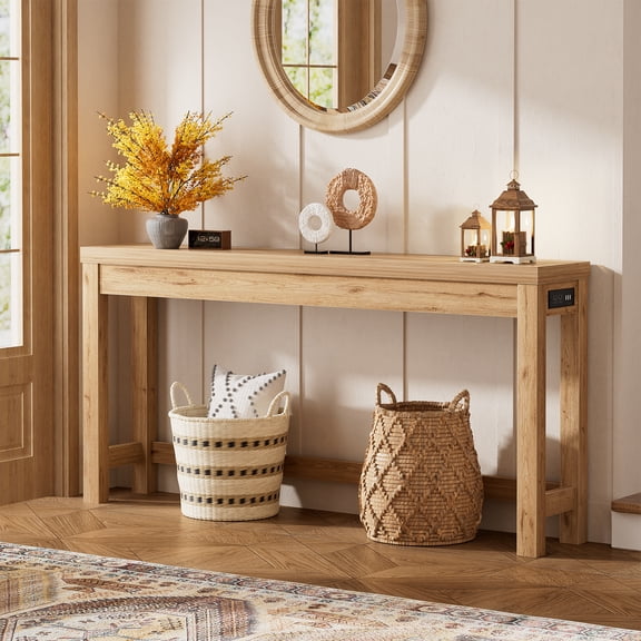 Homieasy 63" Console Tables for Entryway, Long Console Tables for Living Room, Behind Couch Table, Sturdy Wood Support Farmhouse Entryway Table with 3AC+2USB Changing Station, Natural Oak