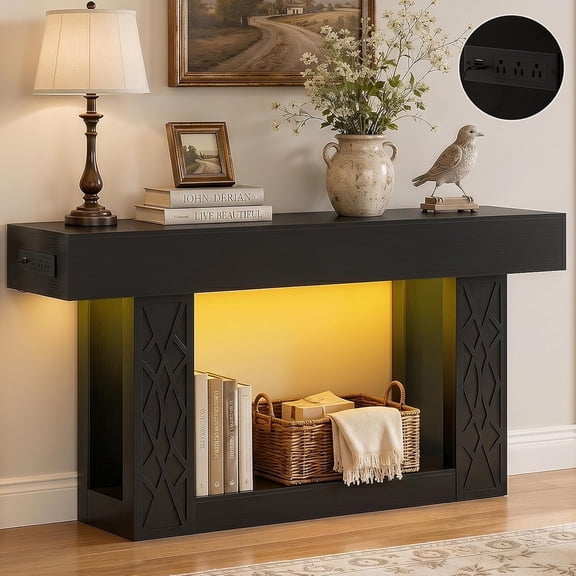 Homieasy 63" Farmhouse Console Table - Black, with Outlets, LED Lights & 2-Tier Storage, Unique Geometric Pattern Sofa Table for Living Room, Hallway, Foyer