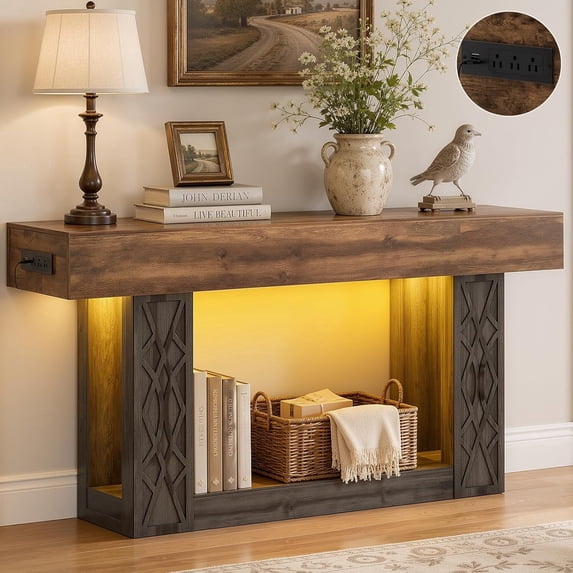 Homieasy 63" Farmhouse Console Table - Gray and Brown, with Outlets, LED Lights & 2-Tier Storage, Unique Geometric Pattern Sofa Table for Living Room, Hallway, Foyer