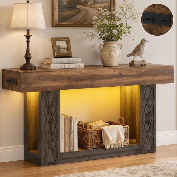 Homieasy 63" Farmhouse Console Table - Gray and Brown, with Outlets, LED Lights & 2-Tier Storage, Unique Geometric Pattern Sofa Table for Living Room, Hallway, Foyer