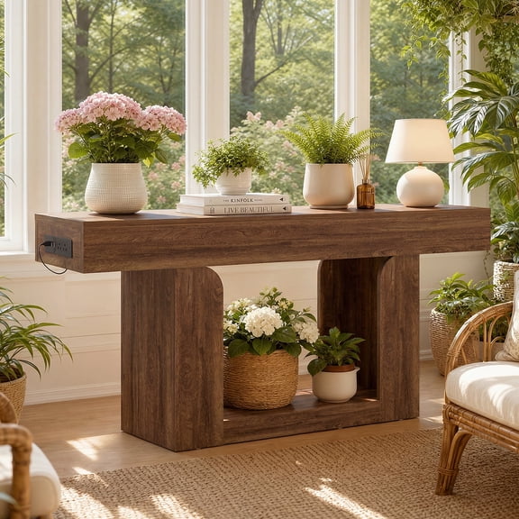 Homieasy 63" Farmhouse Console Table - Rustic Oak,LED Lights & Charging Station, Narrow Sofa Table for Entryway, Living Room, Foyer, Hallway, Behind Couch