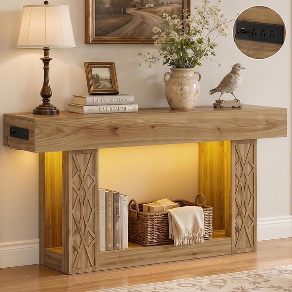 Homieasy 63" Farmhouse Console Table - Natural Oak, with Outlets, LED Lights & 2-Tier Storage, Unique Geometric Pattern Sofa Table for Living Room, Hallway, Foyer