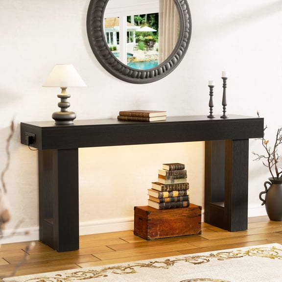 Homieasy 63'' Farmhouse Console Table with Power Outlets and Sensor Light, Wooden Entryway Table Narrow End Table with Storage for Entrance, Hallway, Living Room, Bedroom, Black