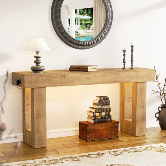 Homieasy 63'' Farmhouse Console Table with Power Outlets and Sensor Light, Wooden Entryway Table Narrow End Table with Storage for Entrance, Hallway, Living Room, Bedroom, Brown Oak
