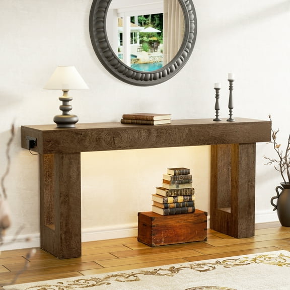 Homieasy 63'' Farmhouse Console Table with Power Outlets and Sensor Light, Wooden Entryway Table Narrow End Table with Storage for Entrance, Hallway, Living Room, Bedroom, Cracked Oak