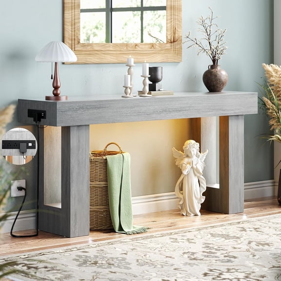 Homieasy 63'' Farmhouse Console Table with Power Outlets and Sensor Light, Wooden Entryway Table Narrow End Table with Storage for Entrance, Hallway, Living Room, Bedroom, Light Oak