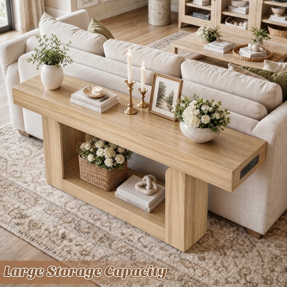 Homieasy 63" Farmhouse Console Table - Natural Oak, LED Lights & Charging Station, Narrow Sofa Table for Entryway, Living Room, Foyer, Hallway, Behind Couch