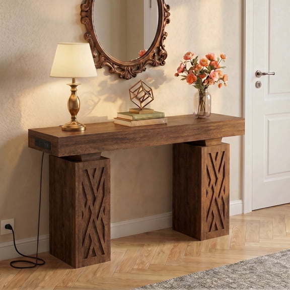Homieasy 63'' Farmhouse Console Table with Charging Station & LED Lights, Narrow Entryway Table for Entryway, Living Room, Cracked Oak