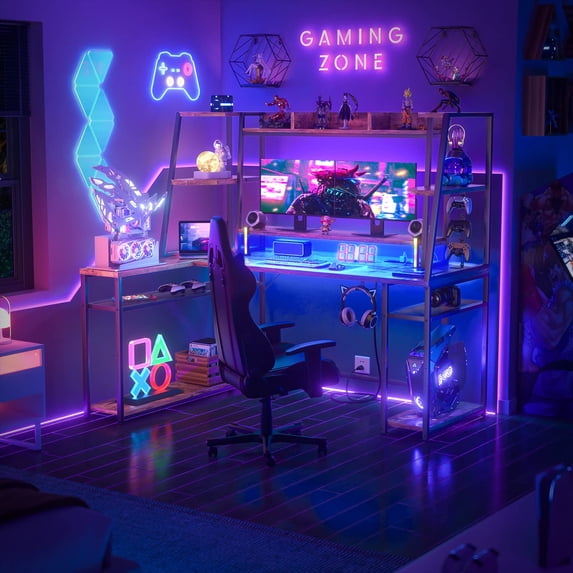 Homieasy 63'' L-Shaped Gaming Desk with LED Light Strips & Built-in Power Outlets, Reversible Computer Corner Desk with Storage Hutch/Monitor Stand/Hooks -Rustic Brown