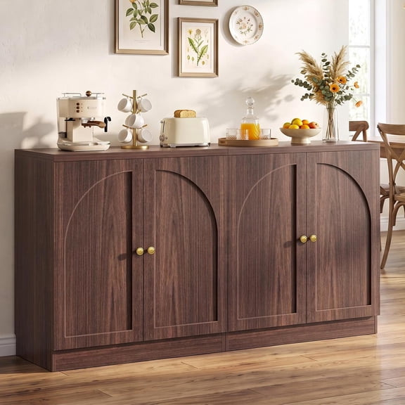Homieasy 63" Wide Modern Arched Door Sideboard Buffet Cabinet with Adjustable Shelves, Set of 2, Walnut