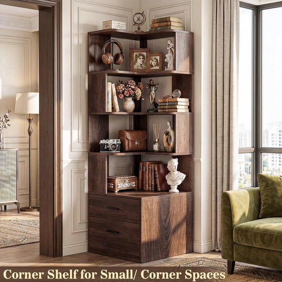 Homieasy 7-Tier L-Shaped Corner Bookshelf (5 Open Shelves + 2 Drawers), Freestanding Corner Storage Bookcase for Small Spaces, Living Room, Bedroom, Home Office,Walnut