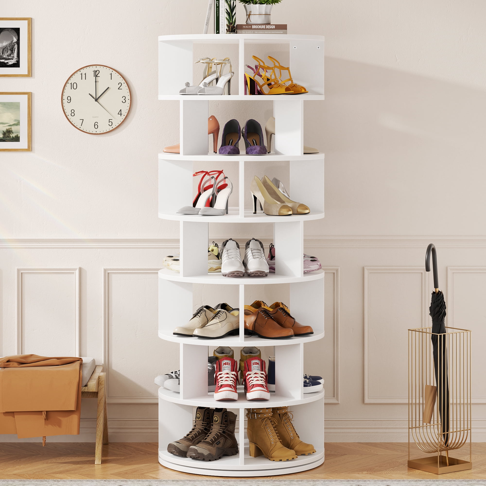 Homieasy 7-Tier Spinning Shoe Rack Tower, 360 Revolving wooden Shoe Rack, 60'' for shoes ,bags, Display Lazy Susan ,Storage Carousel,Free Standing Shoe Organizer for Entryway,White