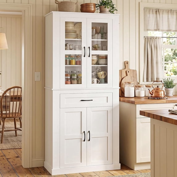 Homieasy 70.9" Tall Kitchen Pantry Cabinet with Glass Doors, Drawer & Adjustable Shelves, White