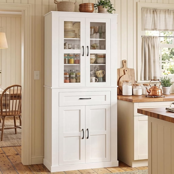 Homieasy 70.9" Tall Kitchen Pantry Cabinet with Glass Doors, Drawer & Adjustable Shelves, White