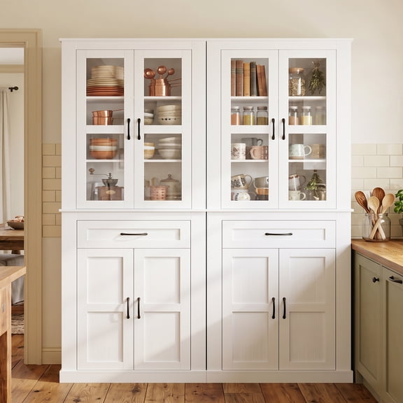 Homieasy 70.9" Tall White Farmhouse Kitchen Pantry Cabinets (2 Pack) – Freestanding Storage Cupboards with Glass Doors, Drawer & Adjustable Shelves for Dining, Living Room & Home Office