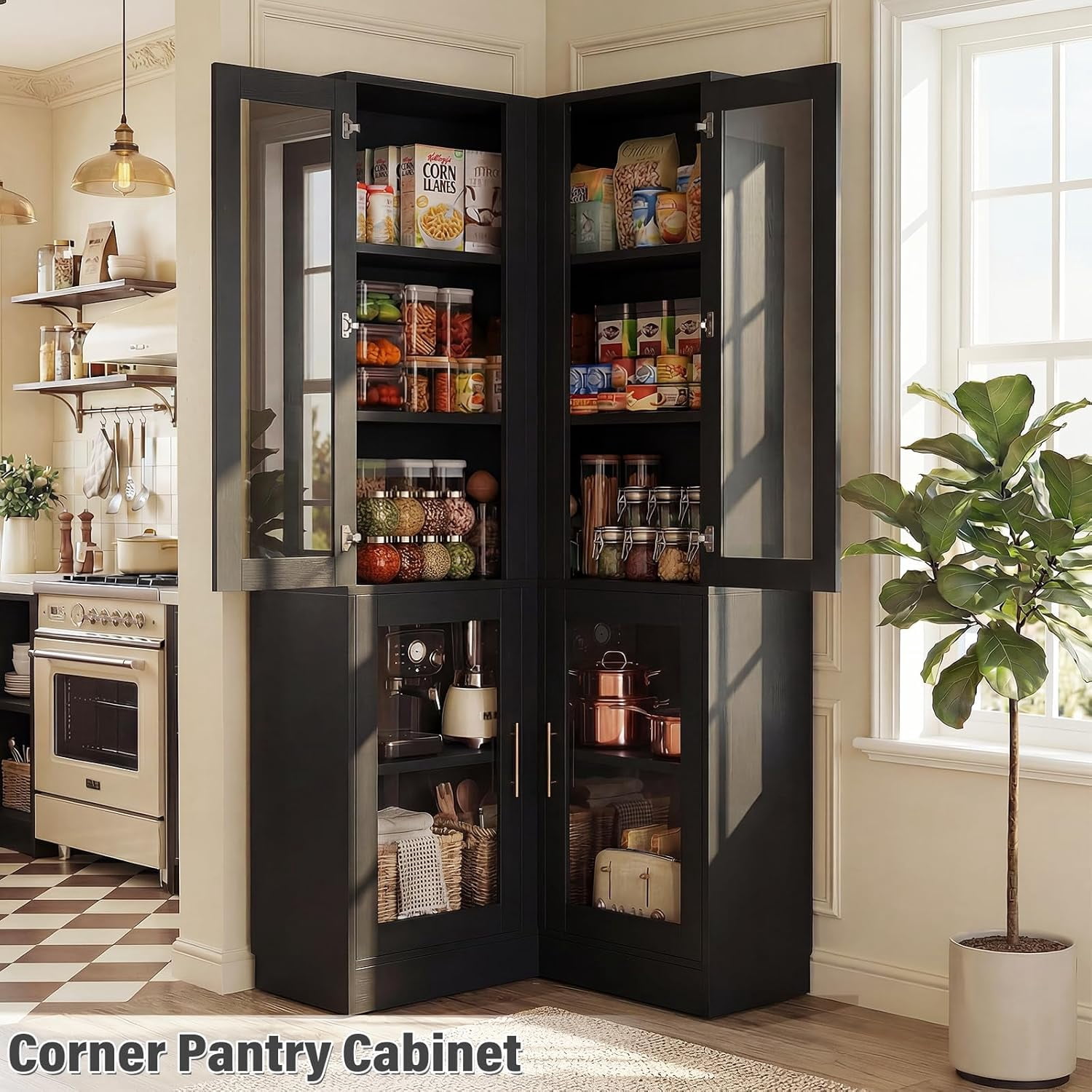 Homieasy 70'' Tall Corner Pantry Cabinet, L Shaped Kitchen Hutch Cabinet with LED Lights, Glass Doors & Adjustable Shelves, Storage Cabinet for Dining, Kitchen, Closet, Black