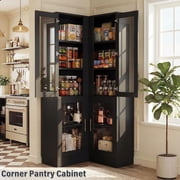 Homieasy 70 Tall Corner Pantry Cabinet, L Shaped Kitchen Hutch Cabinet with LED Lights, Glass Doors & Adjustable Shelves, Storage Cabinet for Dining, Kitchen, Closet, Black