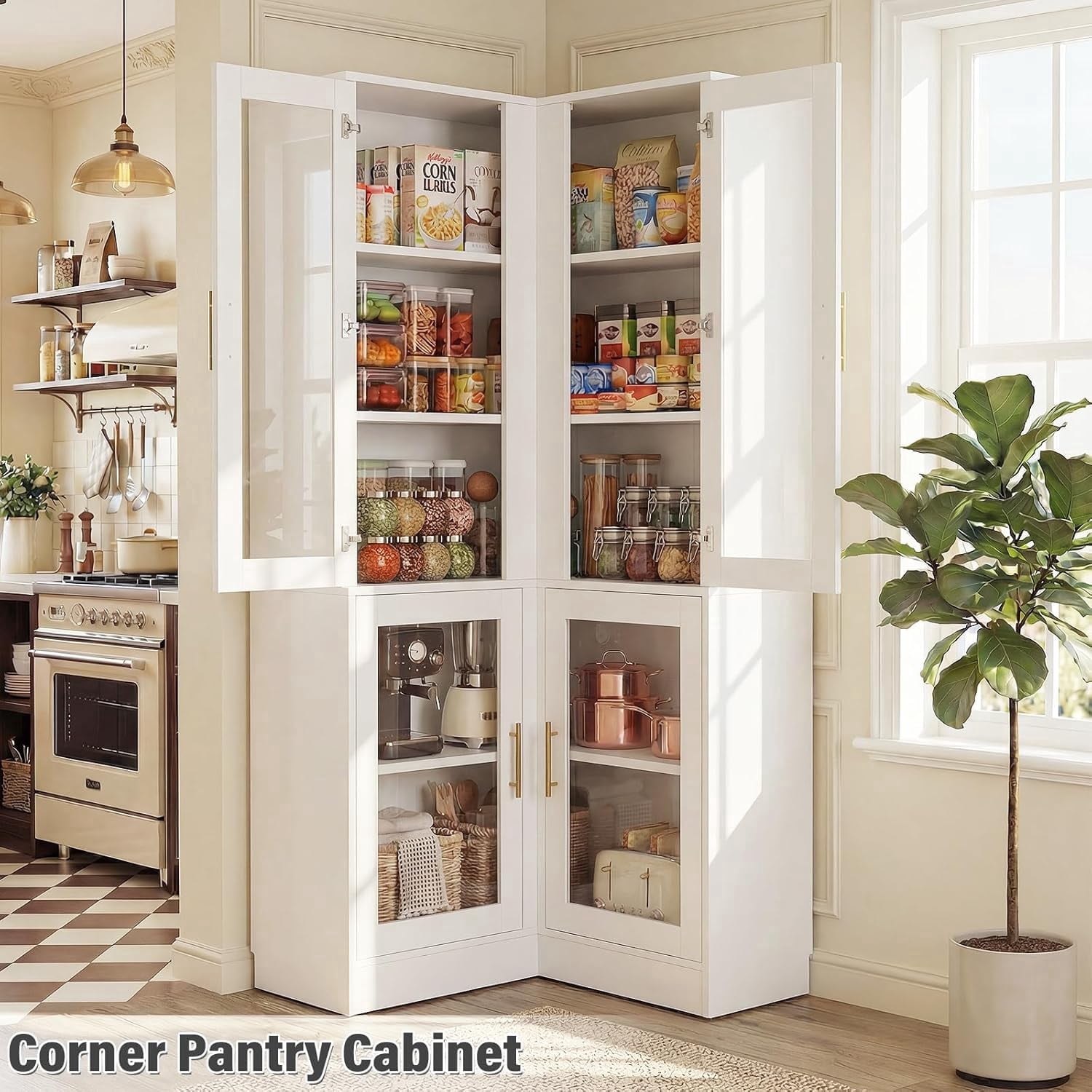 Homieasy 70'' Tall Corner Pantry Cabinet, L Shaped Kitchen Hutch Cabinet with LED Lights, Glass Doors & Adjustable Shelves, Storage Cabinet for Dining, Kitchen, Closet, White