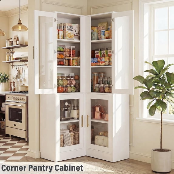Homieasy 70'' Tall Corner Pantry Cabinet, L Shaped Kitchen Hutch Cabinet with LED Lights, Glass Doors & Adjustable Shelves, Storage Cabinet for Dining, Kitchen, Closet, White