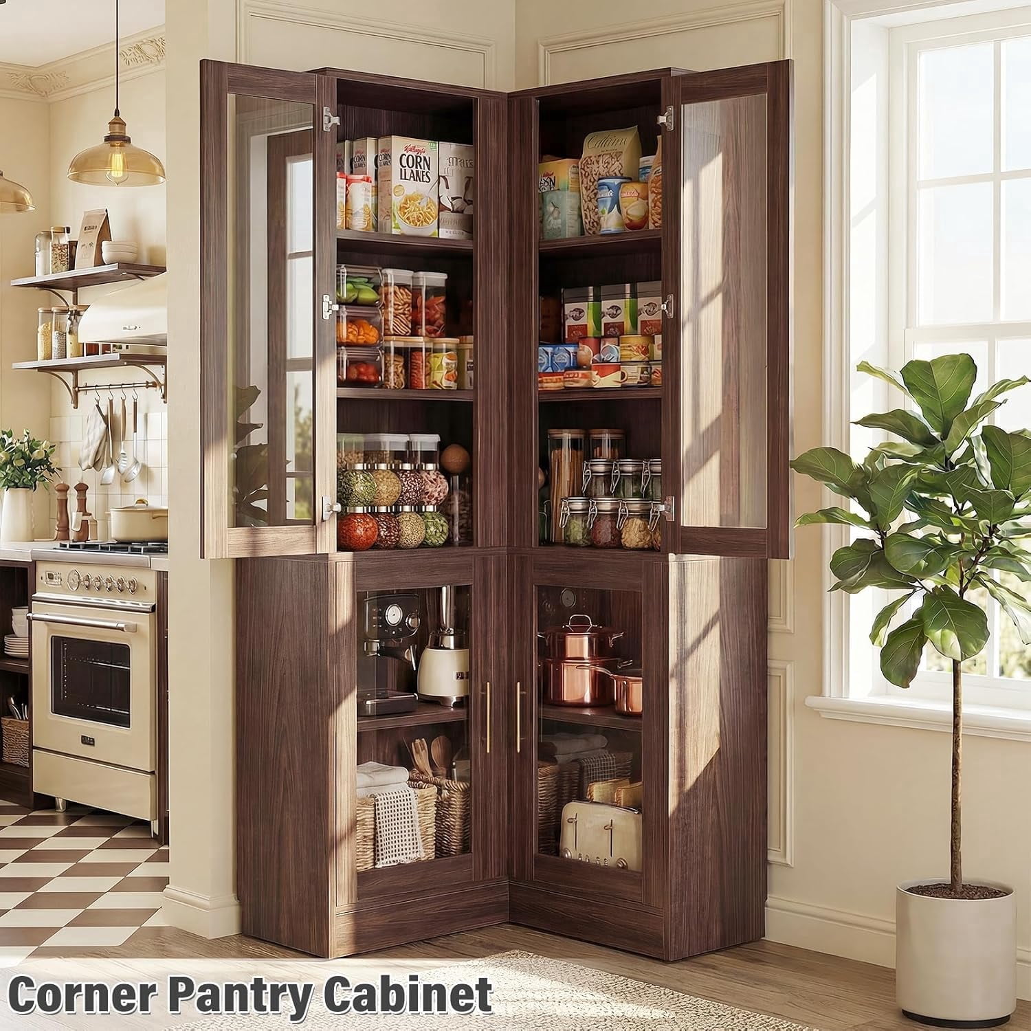 Homieasy 70'' Tall Corner Pantry Cabinet, L Shaped Kitchen Hutch Cabinet with LED Lights, Glass Doors & Adjustable Shelves, Storage Cabinet for Dining, Kitchen, Closet, Walnut