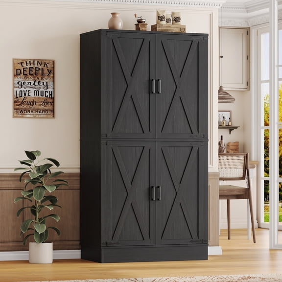 Homieasy 70" Tall Kitchen Pantry Cabinet, Farmhouse Storage Cabinet with Barn Doors & Drawer, Adjustable Shelves, Black