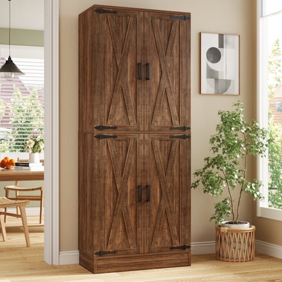 Homieasy 71'' Tall Farmhouse Pantry Cabinet with Drawer, 4-Door Pantry with Adjustable Shelves for Dining, Kitchen, Retro Brown