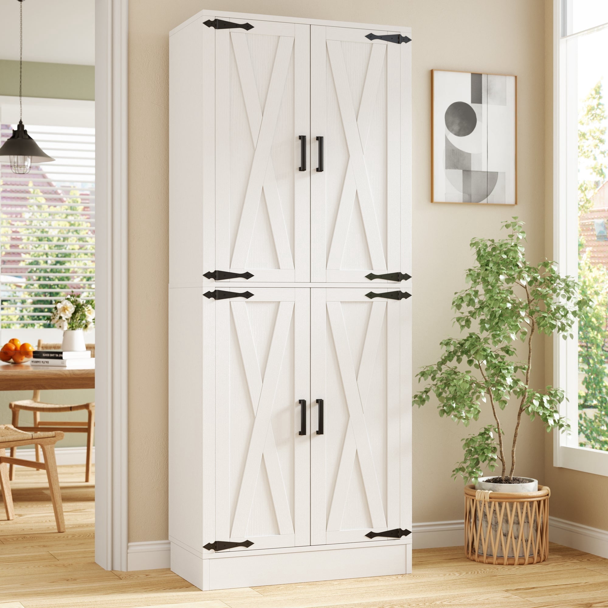 Homieasy 71'' Tall Farmhouse Pantry Cabinet with Drawer, 4-Door Pantry with Adjustable Shelves for Dining, Kitchen, White
