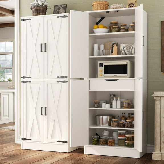 Homieasy 71'' Farmhouse Kitchen Pantry Storage Cabinet with Barn Doors, Freestanding Rall Storage Cupboard with Adjustable Shelves & Drawer for Kitchen, Dining Room, Garage, White